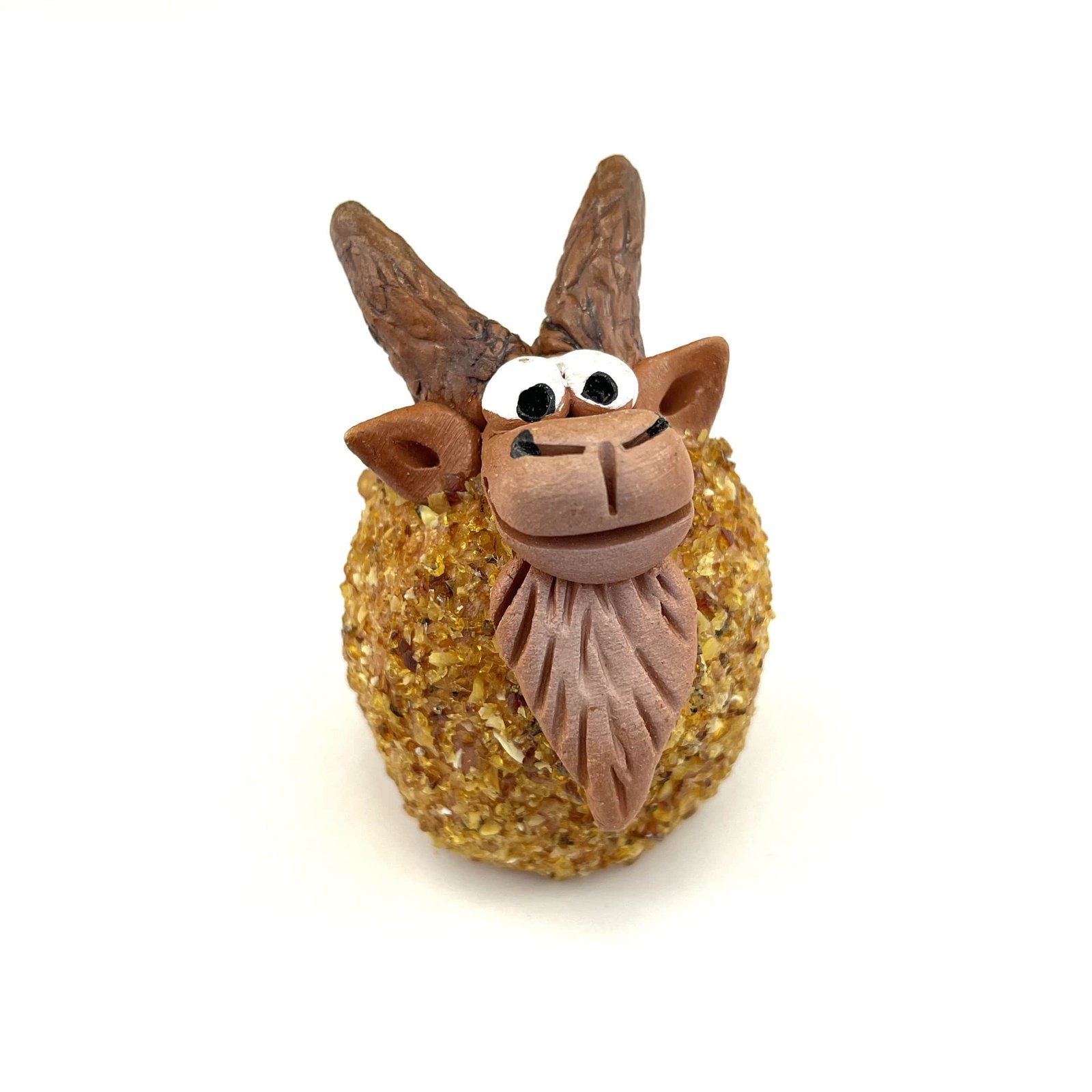 Handmade Clay Figurine The Goat Decorated with Amber