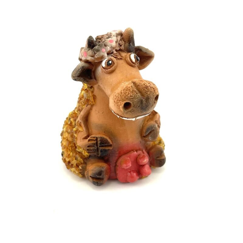 Handmade Clay Figurine The Cow with Pink Flowers Decorated with Amber