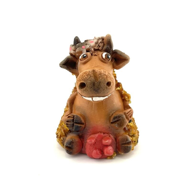 Handmade Clay Figurine The Cow with Pink Flowers Decorated with Amber - Image 3