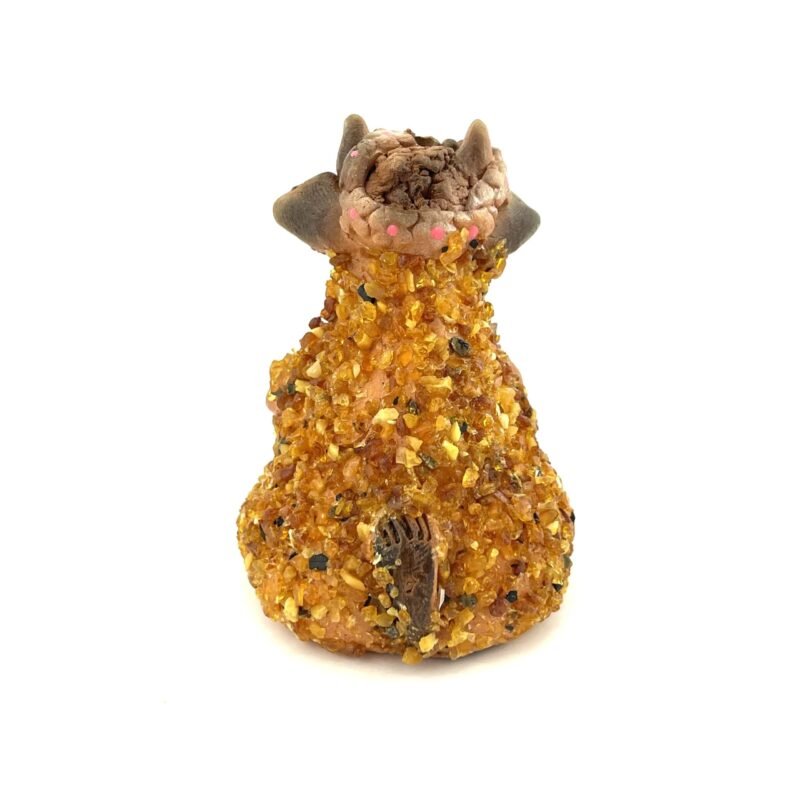 Handmade Clay Figurine The Cow with Pink Flowers Decorated with Amber - Image 2